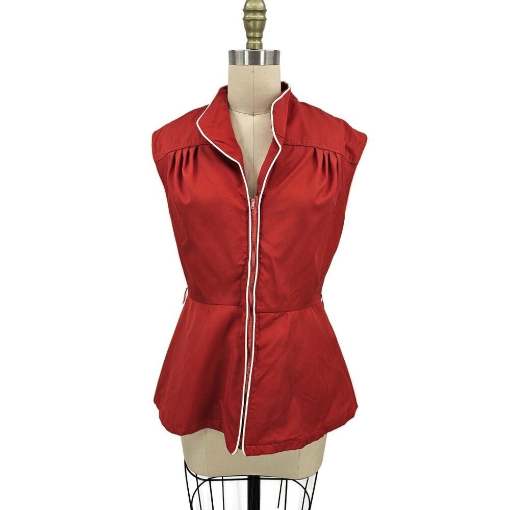 VTG New Mindy Malone Red Zip Front Top Womens 13 Cap Sleeve Peplum